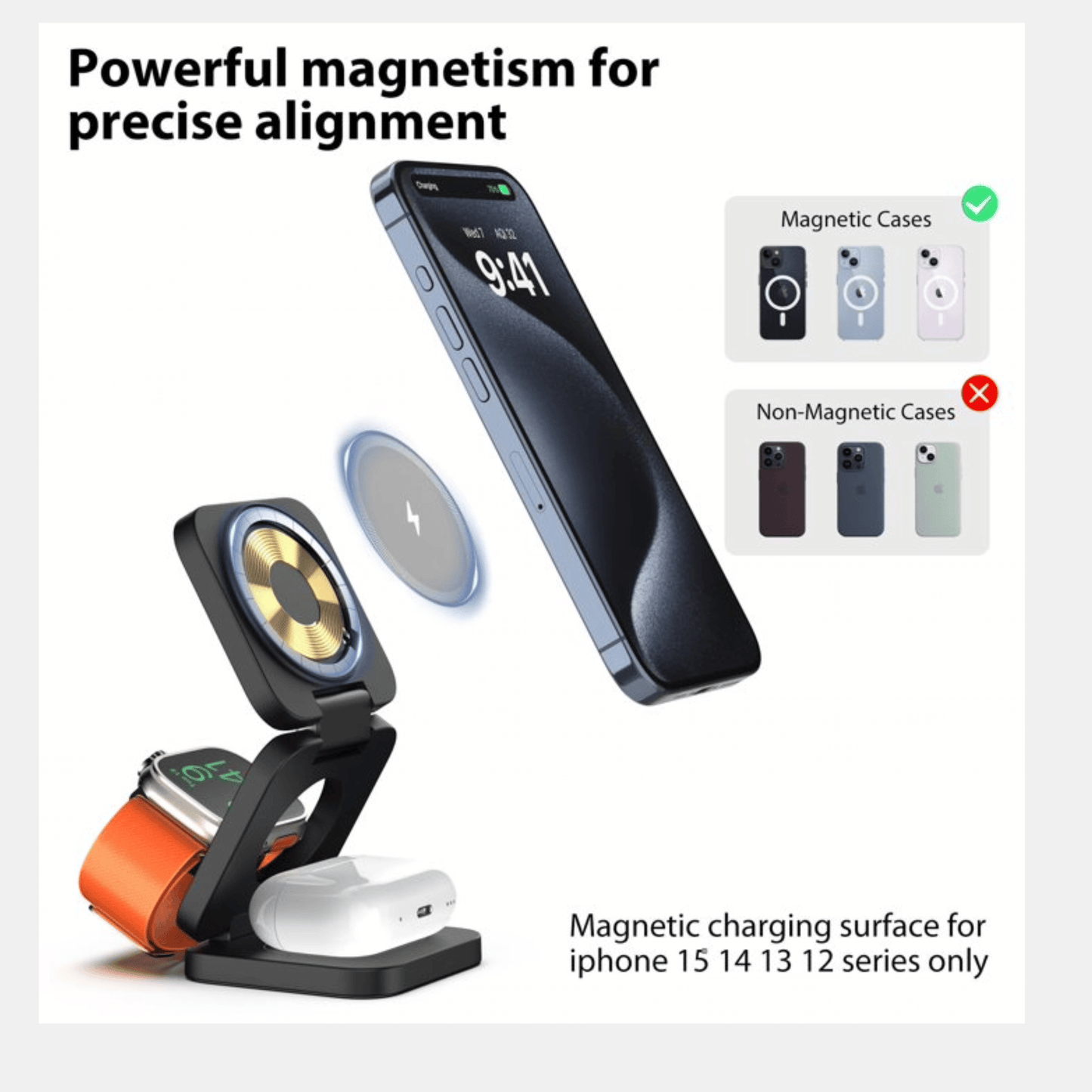 Cargador Inalámbrico 3 en 1 Magnético Plegable 15w