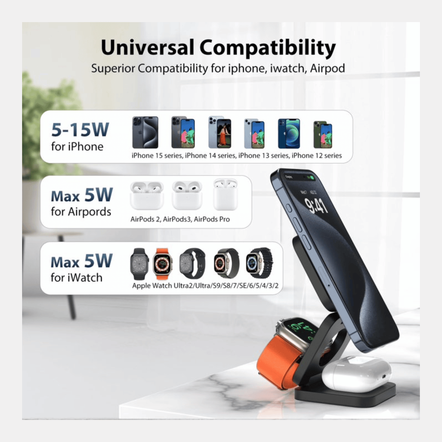 Cargador Inalámbrico 3 en 1 Magnético Plegable 15w
