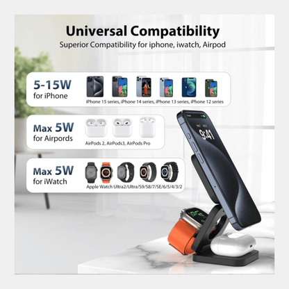 Cargador Inalámbrico 3 en 1 Magnético Plegable 15w
